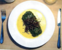 Steamed Fillets of Sea Bass in Green Jackets with Leek Coulis with Saffron and Dill